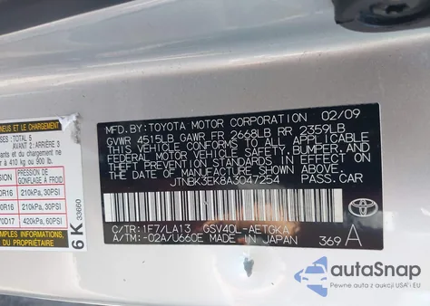 2010 Toyota Camry Xle V6 z USA, uszkodzony, nr VIN JTNBK3EK8A3047254